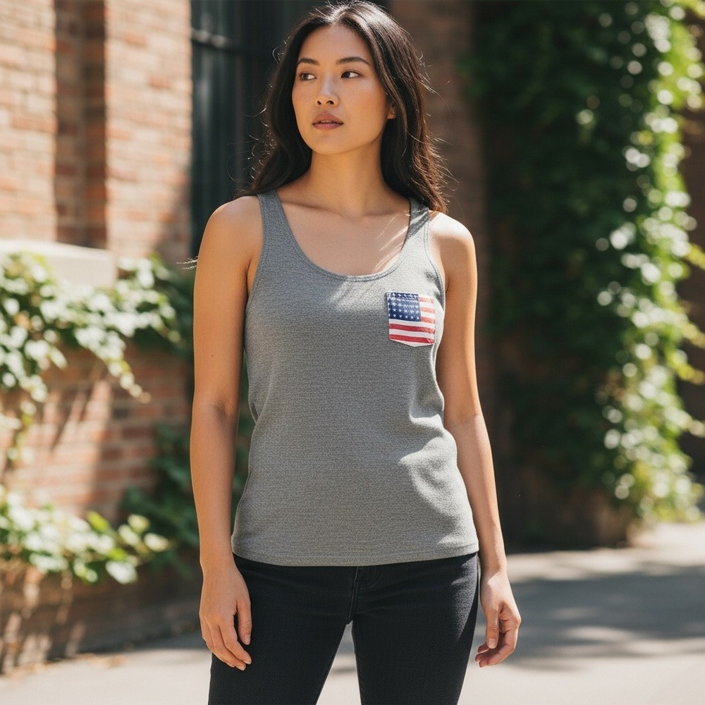 FIFTH SUN‎ Womens Grey Heathered Tank Top American Flag Pocket XL